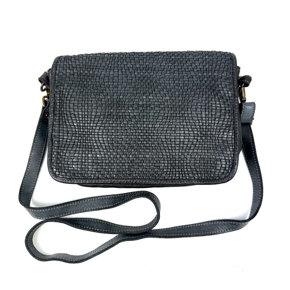 Genuine Italian Handbag Black Blue Leather Weave Flap Crossbody‎ Made In Italy